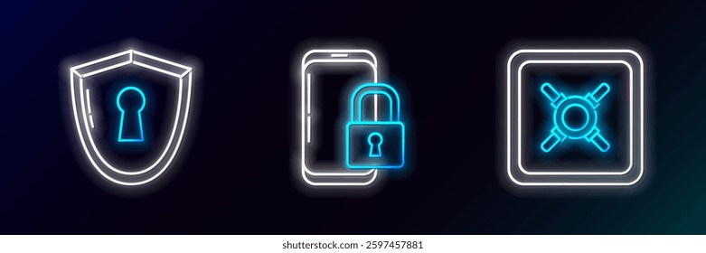 Set line Safe, Shield with keyhole and Smartphone closed padlock icon. Glowing neon. Vector