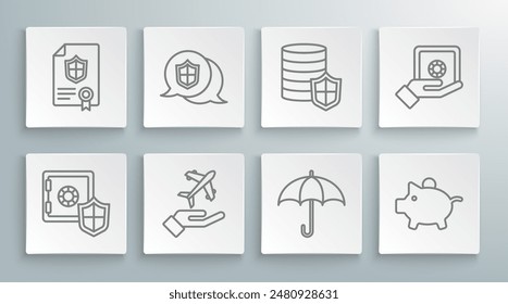 Set line Safe with shield, Location, Plane in hand, Umbrella, Piggy bank, Money,  and Contract icon. Vector