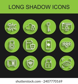 Set line Safe, Shield with WiFi wireless internet network, Eye scan, Open padlock, Document protection concept, Password and safety access and Smartphone fingerprint scanner icon. Vector