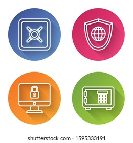 Set line Safe , Shield with world globe , Lock on computer monitor screen and Safe . Color circle button. Vector