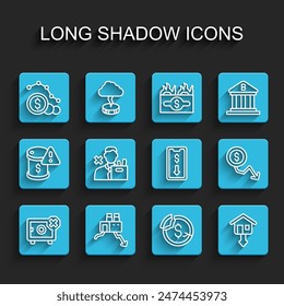 Set line Safe, Shutdown of factory, Dollar rate decrease, Falling property prices, Employee dismissal,  and Mobile stock trading icon. Vector