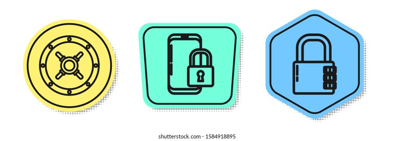 Set line Safe , Smartphone with closed padlock  and Safe combination lock . Colored shapes. Vector