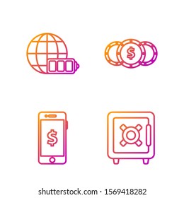 Set line Safe, Smartphone with dollar symbol, Battery charge level indicator with earth globe and Coin money with dollar symbol. Gradient color icons. Vector