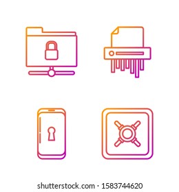 Set line Safe , Smartphone with lock , FTP folder and lock  and Paper shredder confidential. Gradient color icons. Vector