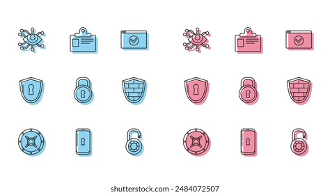 Set line Safe, Smartphone with lock, Eye scan, combination wheel, Lock, Shield cyber security brick wall, keyhole and Identification badge icon. Vector