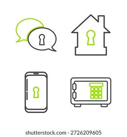 Set line Safe, Smartphone with lock, House under protection and Protection of personal data icon. Vector