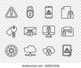 Set line Safe, Tablet with exclamation mark, Mobile, Network cloud connection, Exclamation in triangle, Mail message lock password, Cloud computing and Identification badge icon. Vector