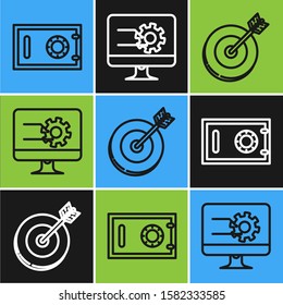 Set line Safe, Target and Computer monitor with graph chart icon. Vector