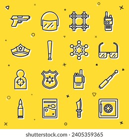 Set line Safe, Telescopic baton, Safety goggle glasses, Prison window, Baseball, Police cap with cockade, Pistol or gun and Hexagram sheriff icon. Vector