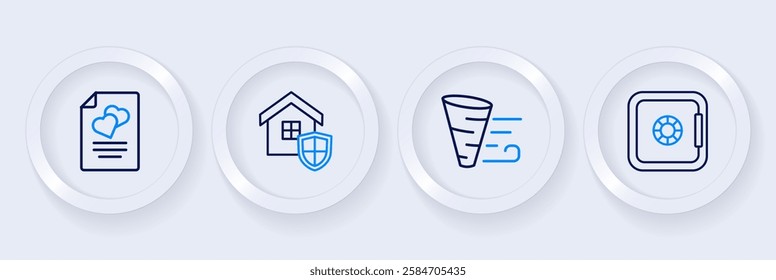 Set line Safe, Tornado, House with shield and Marriage contract icon. Vector