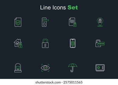 Set line Safe, Umbrella, Eye scan, Ringing alarm bell, Cyber security, Mobile with fingerprint scanner, Lock and House under protection icon. Vector