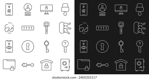 Set line Safe, Undefined key, Stone of keys, Lock on Computer Monitor, Passwortschutz, Risse-Lock, Mobile mit Fingerabdruck Scan und Key Symbol. Vektorgrafik