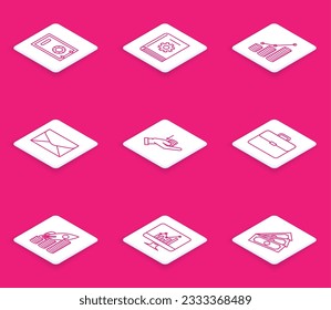 Set line Safe, User manual, Pie chart infographic and coin, Envelope, Money on hand, Briefcase, Rocket flying up coins growth and Computer monitor with icon. Vector