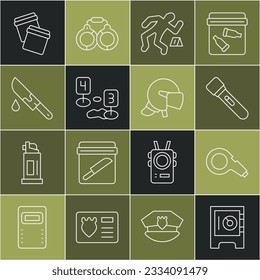 Fijar la línea Safe, Whistle, Flashlight, escena del crimen, Marcador del crimen, cuchillo Sangriento, Bolsa de plástico con ziplock e icono del casco de la policía. Vector