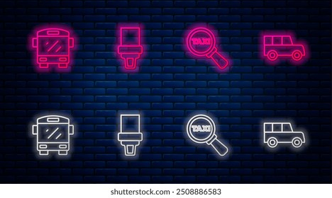 Set line Safety belt, Magnifying glass and taxi car, Bus and Car. Glowing neon icon on brick wall. Vector