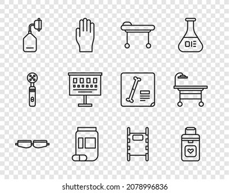 Set line Safety goggle glasses, Organ container, Stretcher, Medicine bottle and pills, Medical oxygen mask, Eye test chart,  and Operating table icon. Vector