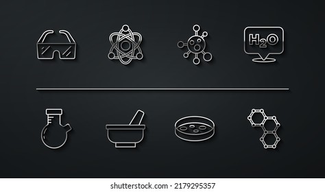 Set line Safety goggle glasses, Test tube and flask, Chemical formula for H2O, Petri dish with bacteria, Mortar pestle, Atom,  and Molecule icon. Vector