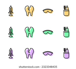 Set line Safety goggle glasses, Syringe, Broken tooth and Toothbrush and toothpaste icon. Vector
