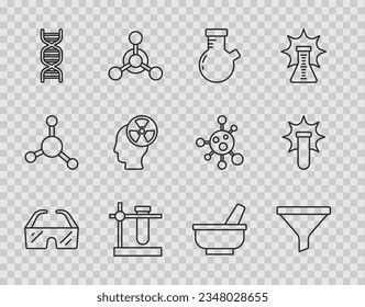 Set line Safety goggle glasses, Funnel or filter, Test tube and flask, on stand, DNA symbol, Head radiation, Mortar pestle and Chemical explosion icon. Vector