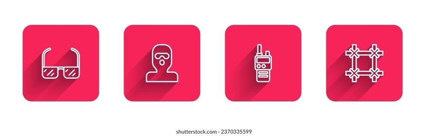 Set line Safety goggle glasses, Thief mask, Walkie talkie and Prison window with long shadow. Red square button. Vector