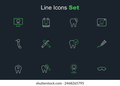 Gafas de seguridad, ubicación de la clínica dental, diente roto, tubo de pasta de dientes, diente, espejo y sonda y taladro icono. Vector