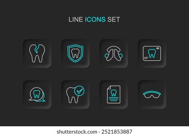 Set line Safety goggle glasses, Clipboard with dental card, Tooth, X-ray of tooth, Dental plate, protection and Broken icon. Vector