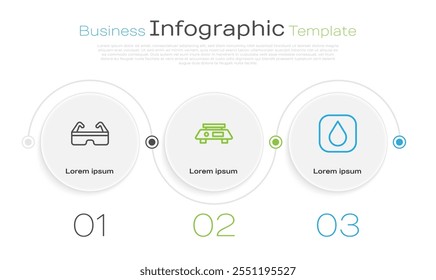 Set line Safety goggle glasses, Electronic scales and Water drop. Business infographic template. Vector