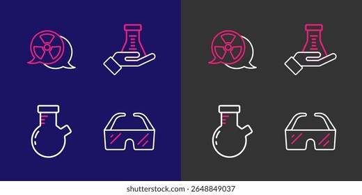 Set line Safety goggle glasses, Test tube and flask,  and Radioactive icon. Vector