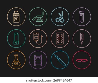 Gafas de gafas de seguridad, termómetro digital médico, tijeras, bolsa intravenosa, inhalador, recipiente para órganos, paquete de ampollas de píldoras e icono de silla dental. Vector