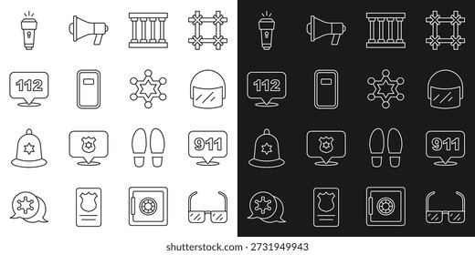 Set line Sicherheitsbrille, Telefonanruf 911, Polizeihelm, Gefängnisfenster, Sturmschild, 112, Taschenlampe und Hexagram Sheriff Symbol. Vektorgrafik