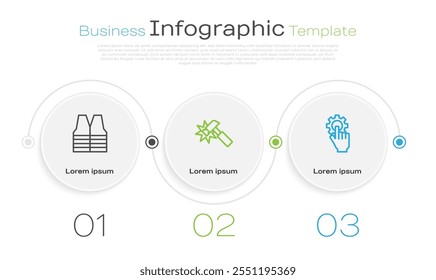 Definir linha Colete de segurança, Martelo e Configurações na mão. Modelo de infográfico comercial. Vetor