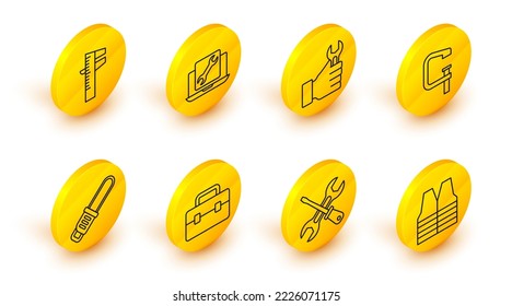 Set line Safety vest, Screwdriver and wrench, Toolbox, Chainsaw, Clamp screw tool, Wrench spanner, Laptop service and Calliper or caliper scale icon. Vector