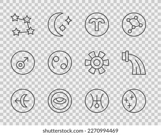 Set line Sagittarius zodiac, Eclipse of the sun, Aries, Medallion with eye, Star constellation, Cancer, Symbol Uranus and Aquarius icon. Vector