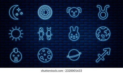 Set line Sagittarius zodiac, Planet Earth, Dog, Pisces, Sun, Moon and stars, Rabbit and Astrology horoscope circle icon. Vector