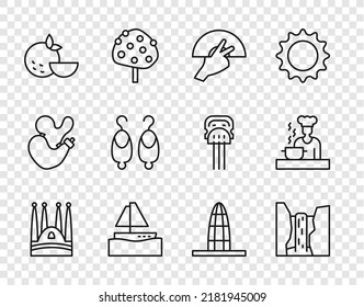 Línea Sagrada Familia, cascada Algar, flamenco hinchable, velero de yates, fruta naranja, cervecería, torre Agbar e ícono de cocina española. Vector