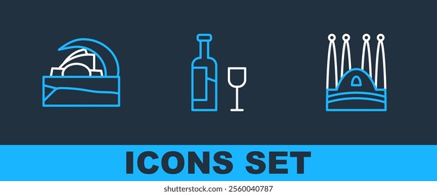 Set line Sagrada Familia, Concert hall de Tenerife and Wine bottle with glass icon. Vector