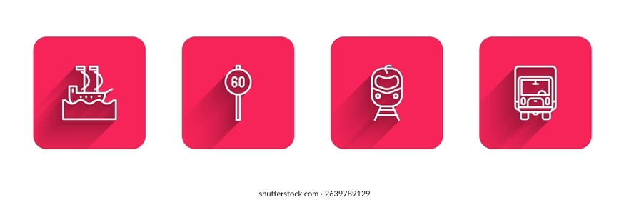 Set line Sailboat, Speed limit traffic, Train and railway and Delivery cargo truck with long shadow. Red square button. Vector