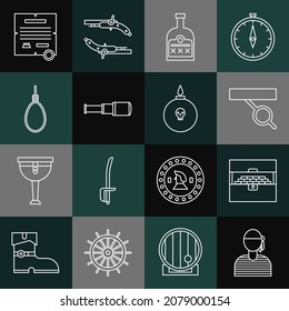 Set line Sailor captain, Pirate eye patch, Alcohol drink Rum bottle, Spyglass telescope lens, Gallows rope loop hanging, Decree, parchment, scroll and Bomb ready to explode icon. Vector