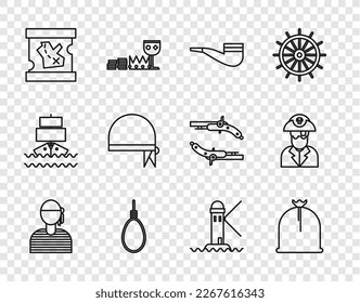 Fijar línea capitán Sailor, saco Pirata, tubería de humo, bucle de cuerda Gallow colgando, mapa del tesoro, bandana para la cabeza, faro e ícono. Vector