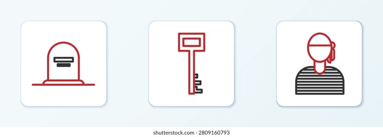 Set line Sailor captain, Tombstone with RIP written and Pirate key icon. Vector