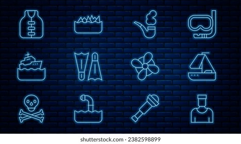 Set line Sailor captain, Yacht sailboat, Smoking pipe, Flippers for swimming, Cruise ship, Life jacket, Boat propeller and Sharp stone reefs icon. Vector