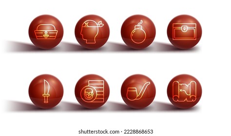 Set line Sailor hat, Pirate sword, Antique treasure chest, Smoking pipe, coin, captain, map and Bomb ready to explode icon. Vector