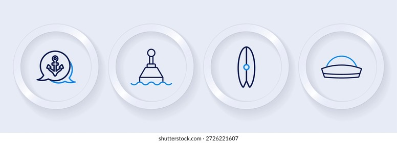 Definir linha Chapéu de marinheiro, Surfboard, boia flutuante e ícone de âncora. Vetor