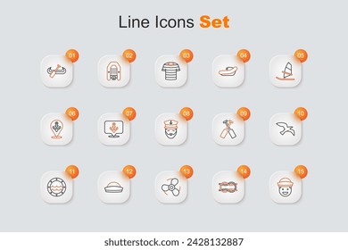 Set line Sailor, Nautical rope knots, Boat propeller, hat, Ship porthole, Bird seagull, Crossed oars paddles boat and Captain of ship icon. Vector