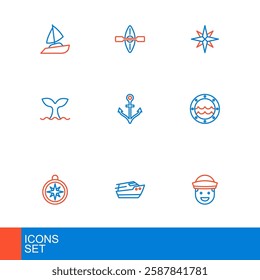 Set line Sailor, Speedboat, Compass, Ship porthole, Whale tail, Anchor, Wind rose and Kayak and paddle icon. Vector