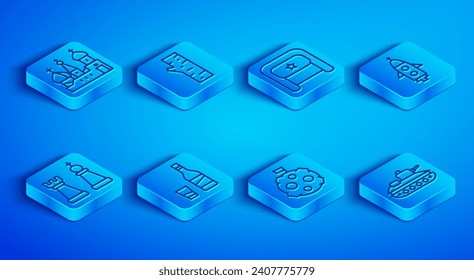 Set line Saint Basil's Cathedral, Birch tree, Ushanka, Bottle of vodka with glass, Moon flag, Rocket ship, Chess and Military tank icon. Vector