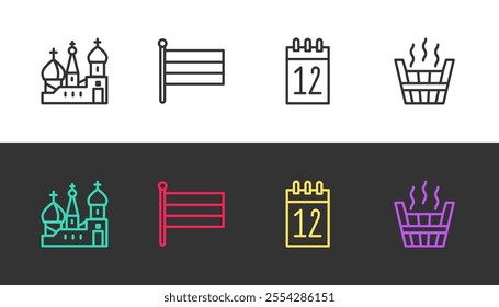 Set line Saint Basil's Cathedral, National Russia flag, Calendar 12 june and Sauna bucket on black and white. Vector