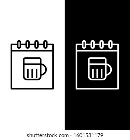 Set line Saint Patricks day with calendar icon isolated on black and white background. Four leaf clover symbol. Date 17 March.  Vector Illustration