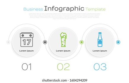 Set line Saint Patrick's day with calendar, Glass of beer and Beer bottle with four leaf clover. Business infographic template. Vector