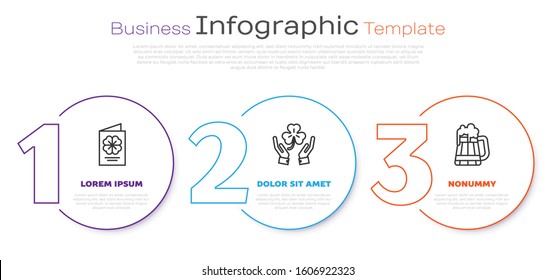 Set line Saint Patricks Day flyer, brochure, postcard, Human hands holding four leaf clover and Wooden beer mug. Business infographic template. Vector